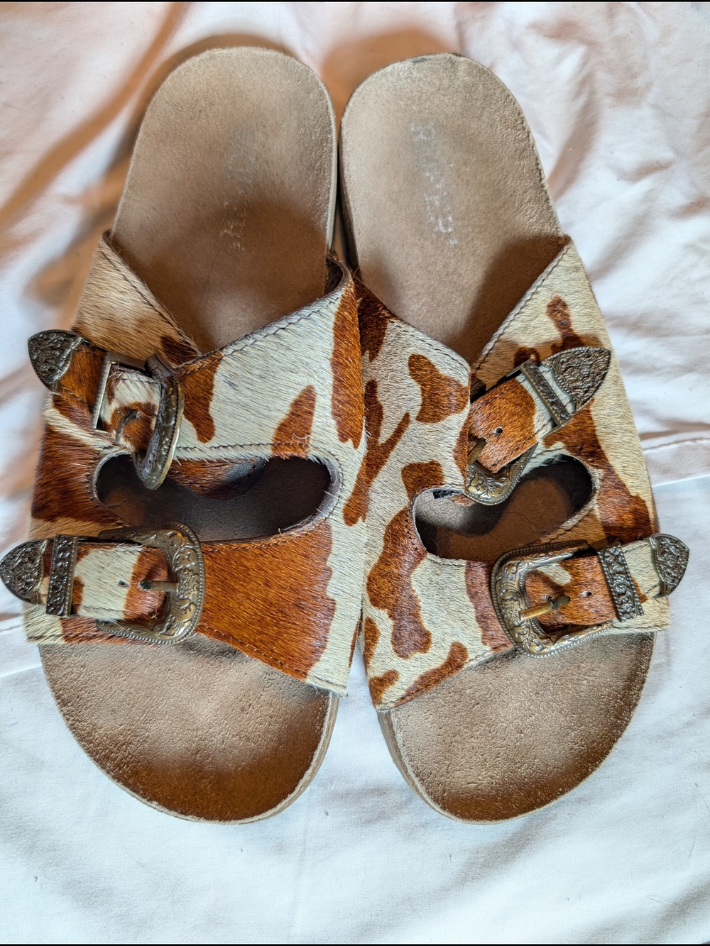 Roper Women's Cowhide Two-Buckle Slide Sandals in Brown and White Size 9